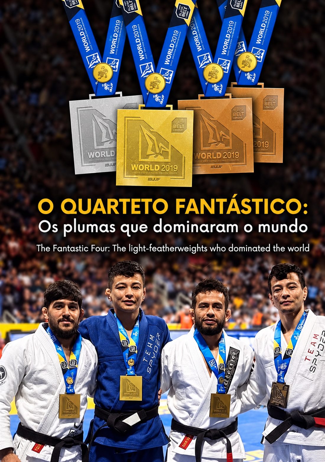Arte comemorativa dos quatro atletas da equipe no pódio do peso pluma
