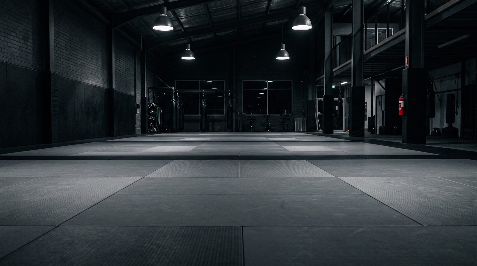 Tatame de jiu-jitsu vazio sob luz de galpão